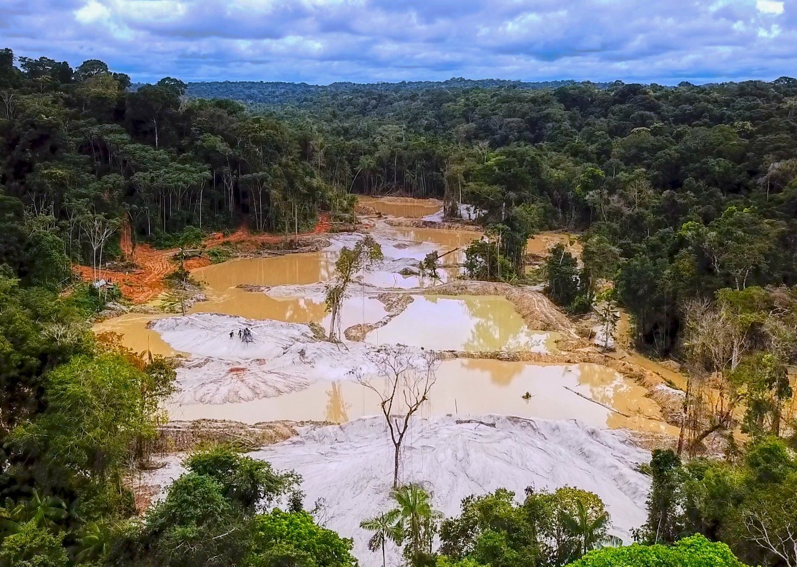 Aerial view of an illegal gold-mining site: bare white and ochre tailings and muddy sediment pools cut into dense Amazon rainforest.