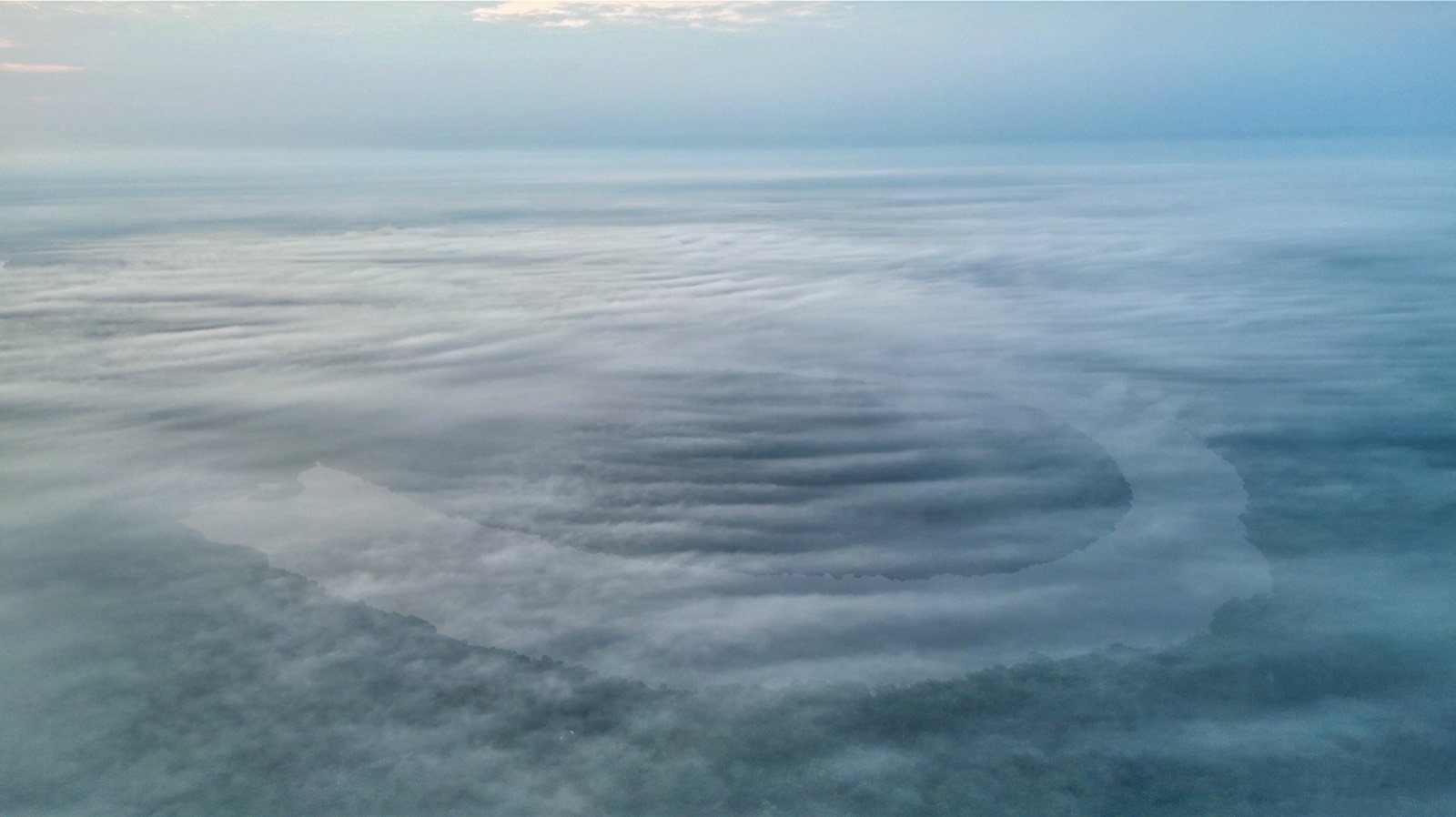 Morning mist lying over dense forest canopy in the Colombian Amazon